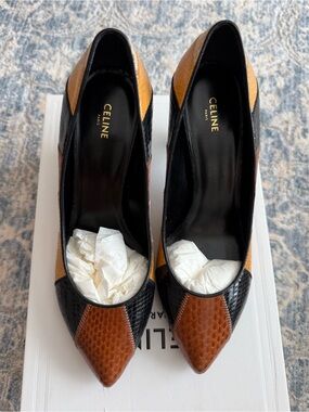 Celine Brown and Black Patchwork Pointed Toe Pumps